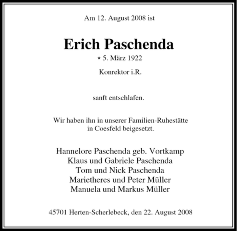  Traueranzeige für Erich Paschenda vom 23.08.2008 aus Tageszeitung