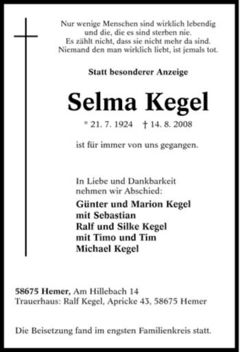 Traueranzeige von Selma Kegel von Tageszeitung