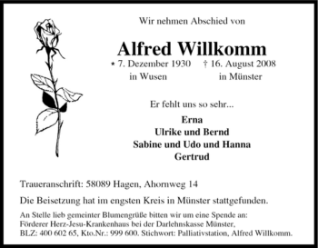 Traueranzeige von Alfred Willkomm von Tageszeitung