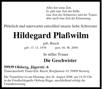 Traueranzeige von Hildegard Plaßwilm von Tageszeitung