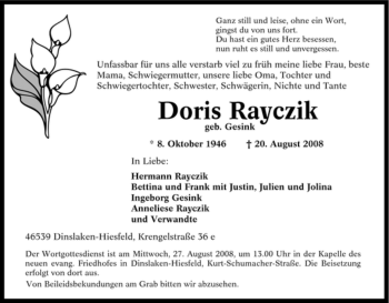Traueranzeige von Doris Rayczik von Tageszeitung