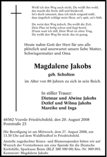 Traueranzeige von Magdalene Jakobs von Tageszeitung