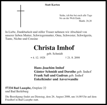 Traueranzeige von Christa Imhof von Tageszeitung