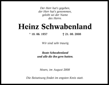 Traueranzeige von Heinz Schwabenland von Tageszeitung