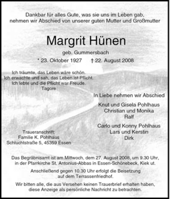 Traueranzeige von Margrit Hünen von Tageszeitung
