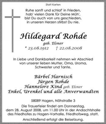 Traueranzeige von Hildegard Rohde von Tageszeitung