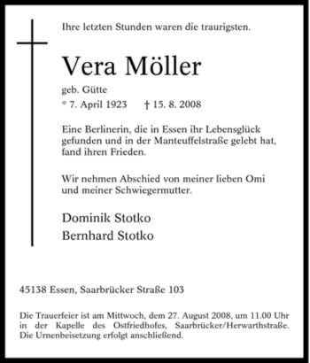 Traueranzeige von Vera Möller von Tageszeitung