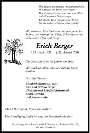 Traueranzeige von Erich Berger von Tageszeitung