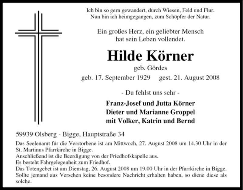  Traueranzeige für Hilde Körner vom 23.08.2008 aus Tageszeitung