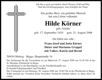 Traueranzeige von Hilde Körner von Tageszeitung
