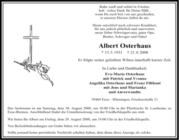 Traueranzeige von Albert Osterhaus von Tageszeitung