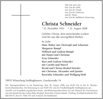 Traueranzeige von Christa Schneider von Tageszeitung