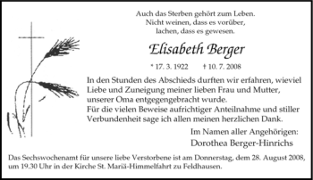Traueranzeige von Elisabeth Berger von Tageszeitung
