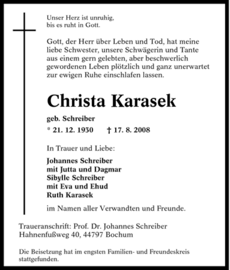  Traueranzeige für Christa Karasek vom 25.08.2008 aus Tageszeitung