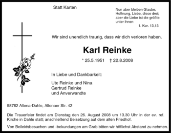 Traueranzeige von Karl Reinke von Tageszeitung