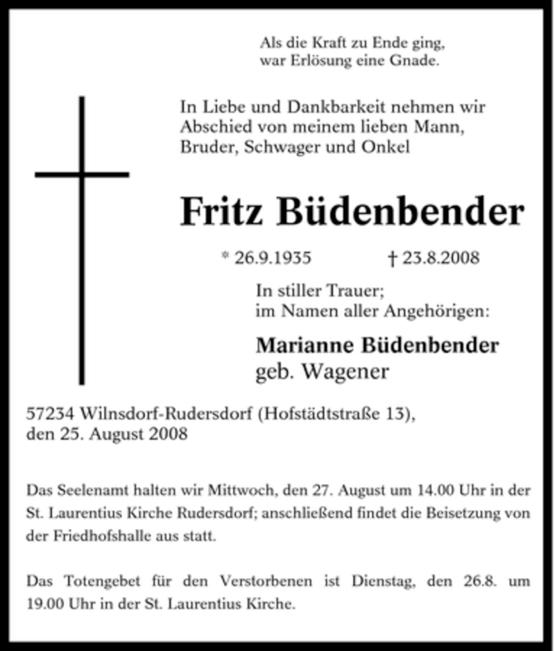  Traueranzeige für Fritz Büdenbender vom 25.08.2008 aus Tageszeitung