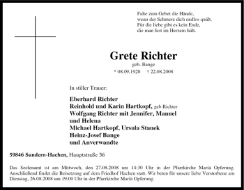 Traueranzeige von Grete Richter von Tageszeitung