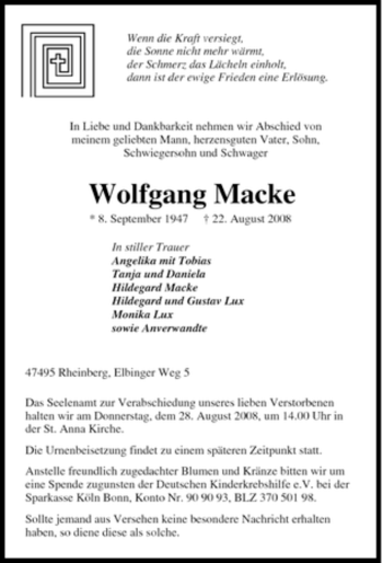Traueranzeige von Wolfgang Macke von Tageszeitung