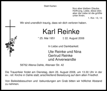 Traueranzeige von Karl Reinke von Tageszeitung