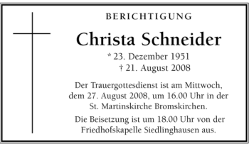 Traueranzeige von Christa Schneider von Tageszeitung