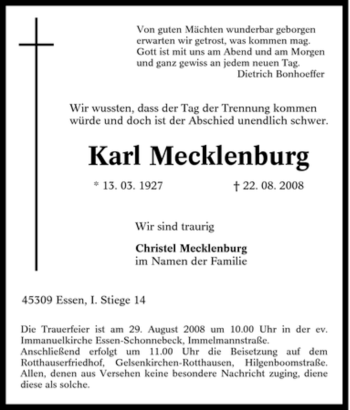 Traueranzeige von Karl Mecklenburg von Tageszeitung