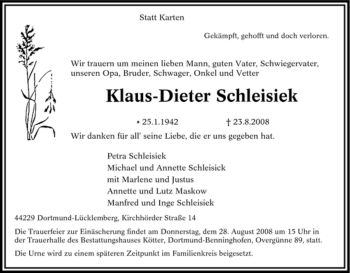 Traueranzeige von Klaus-Dieter Schleisiek von Tageszeitung
