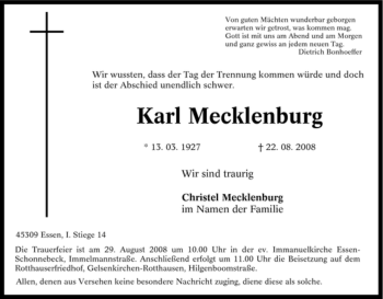 Traueranzeige von Karl Mecklenburg von Tageszeitung