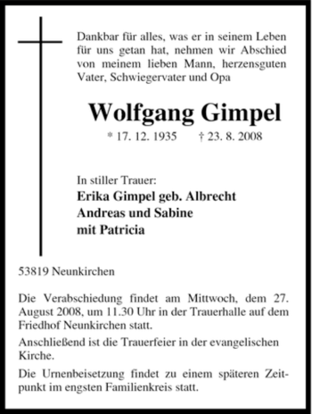 Traueranzeige von Wolfgang Gimpel von Tageszeitung
