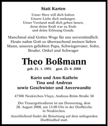 Traueranzeige von Theo Boßmann von Tageszeitung