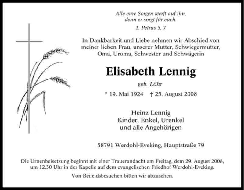  Traueranzeige für Elisabeth Lennig vom 26.08.2008 aus Tageszeitung