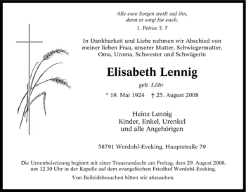 Traueranzeige von Elisabeth Lennig von Tageszeitung
