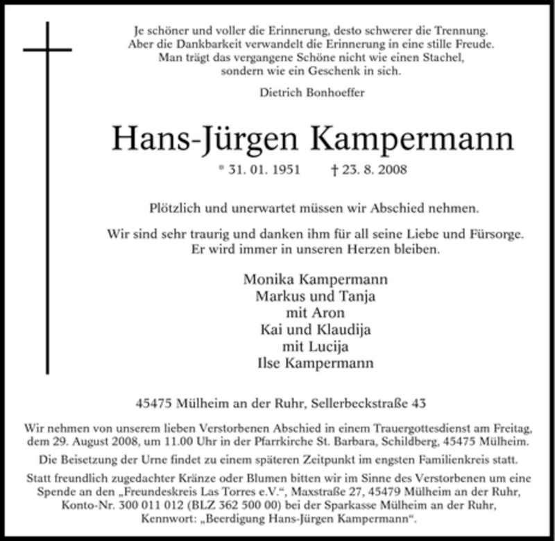 Traueranzeigen von HansJürgen Kampermann TrauerinNRW.de