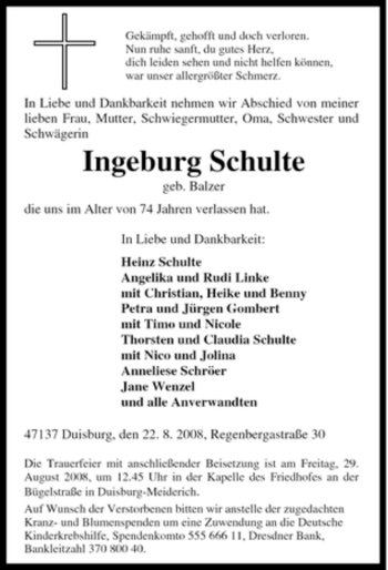 Traueranzeige von Ingeburg Schulte von Tageszeitung