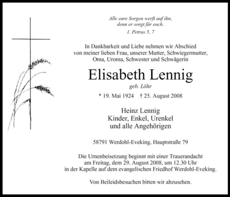  Traueranzeige für Elisabeth Lennig vom 26.08.2008 aus Tageszeitung