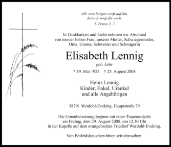 Traueranzeige von Elisabeth Lennig von Tageszeitung