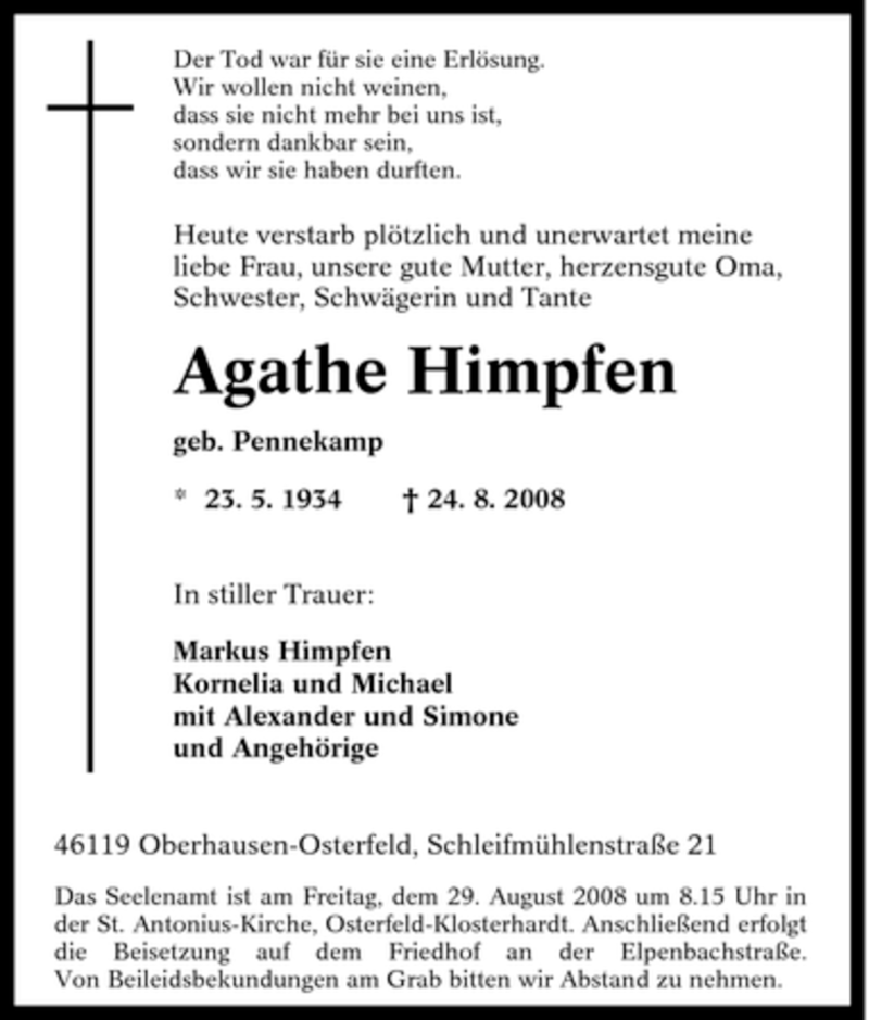  Traueranzeige für Agathe Himpfen vom 27.08.2008 aus Tageszeitung