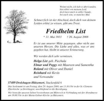 Traueranzeige von Friedhelm List von Tageszeitung