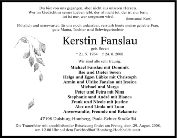 Traueranzeige von Kerstin Fanslau von Tageszeitung