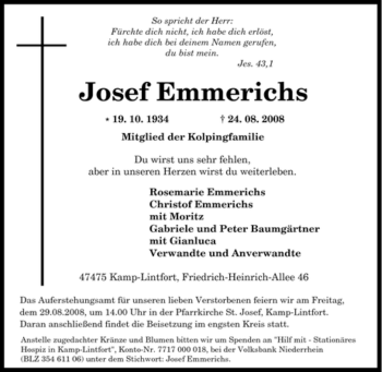 Traueranzeige von Josef Emmerichs von Tageszeitung