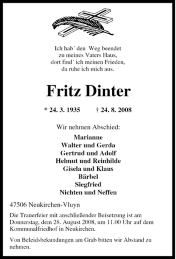 Traueranzeige von Fritz Dinter von Tageszeitung