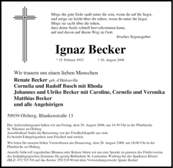Traueranzeige von Ignatz Becker von Tageszeitung