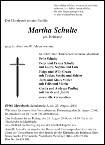 Traueranzeige von Martha Schulte von Tageszeitung