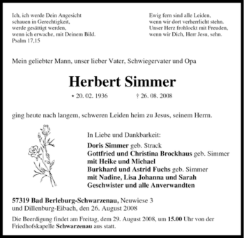 Traueranzeige von Herbert Simmer von Tageszeitung