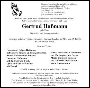 Traueranzeige von Gertrud Hußmann von Tageszeitung