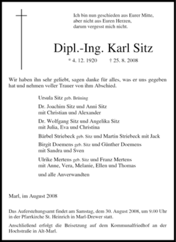 Traueranzeige von Karl Sitz von Tageszeitung