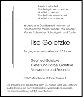 Traueranzeige von Ilse Goletzke von Tageszeitung