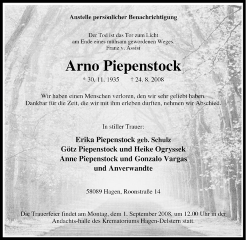  Traueranzeige für Arno Piepenstock vom 27.08.2008 aus Tageszeitung