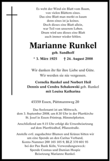 Traueranzeige von Marianne Runkel von Tageszeitung