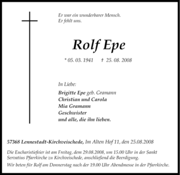 Traueranzeige von Rolf Epe von Tageszeitung