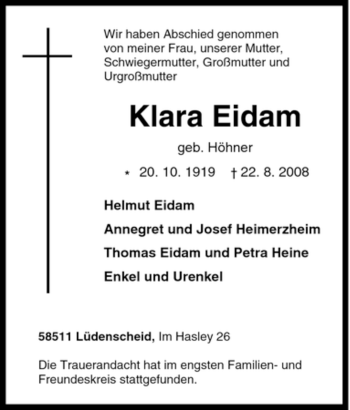 Traueranzeige von Klara Eidam von Tageszeitung